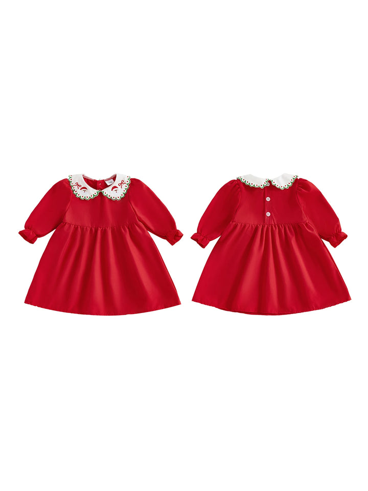 Little Girls Santa Claus Embroidery Dress Christmas Long Sleeve Doll Collar A-line Dress