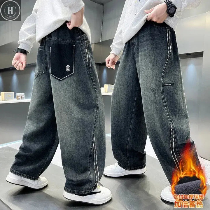 Boys Winter Warm Jeans New Style Teenage Children Trendy Brand Straight Leg Fleece Denim Pants Kids Loose Trousers HALALZEN