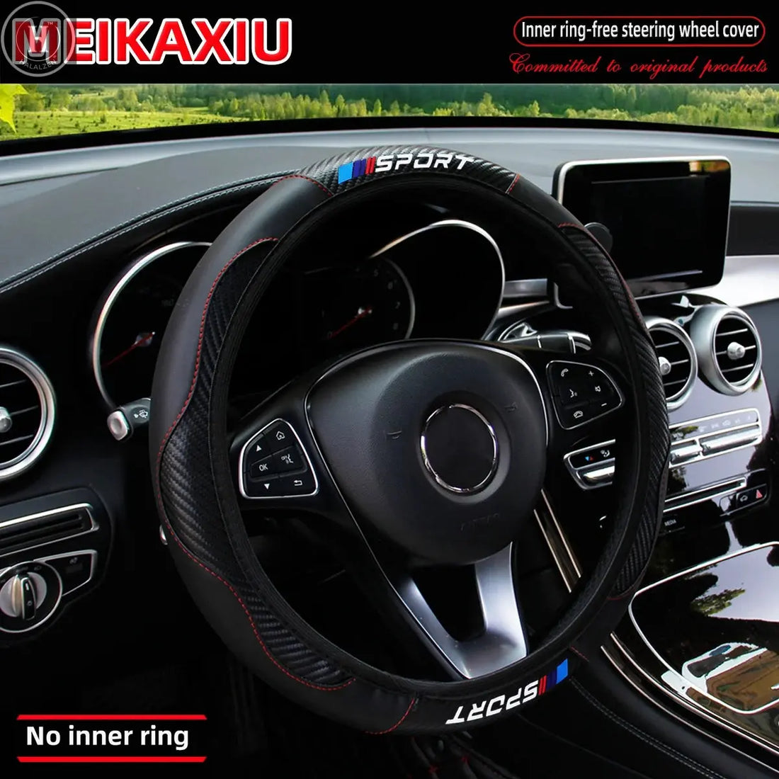 Carbon fiber leather SPORT car rimless steering wheel cover is suitable for 14.5 - 15-inch steering wheels as decoration items. HALALZEN