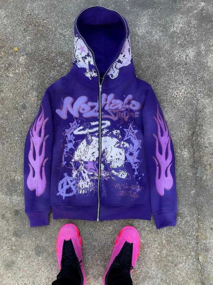 American retro Harajuku street dark hip-hop high street cartoon print zipper hoodie loose hoodie street trendsetters loose trend