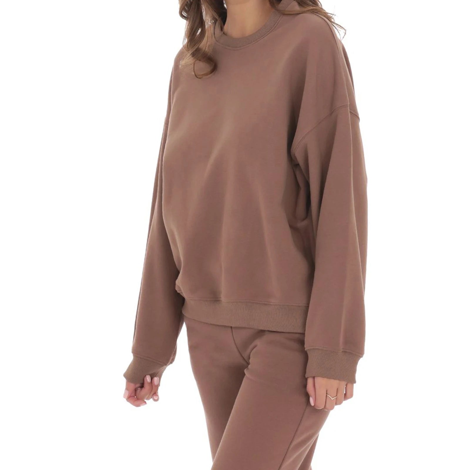 Women’s Solid Color Two Piece Outfits Long Sleeve Round Neck Sweatshirt and Straight Leg Pants Set Loungewear
