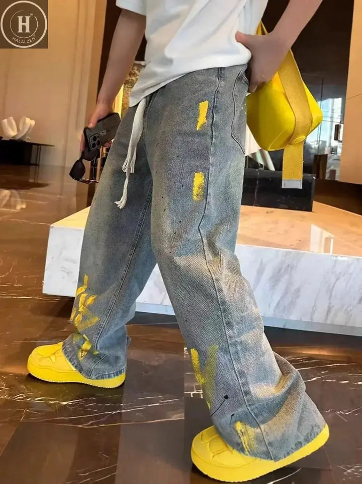 Light Blue Jacquard Streetwear Jeans for Men & Women - Straight Flared Pants with Elastic Waistband, Machine Washable, All-Seaso Halalzen UK