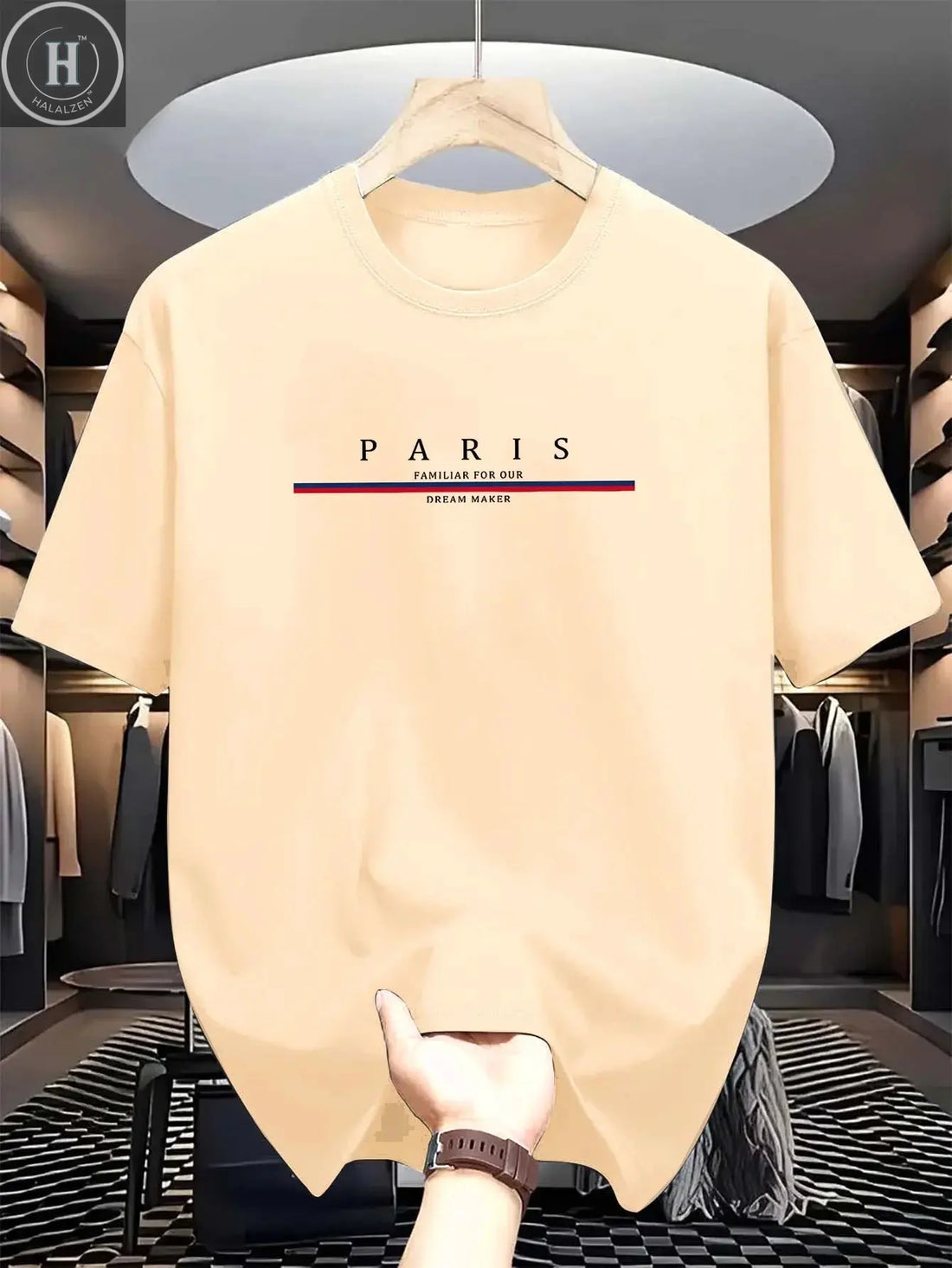 Men's 100% pure cotton summer casual loose fashion Paris letter printed comfortable round neck short sleeved T-shirt top HALALZEN