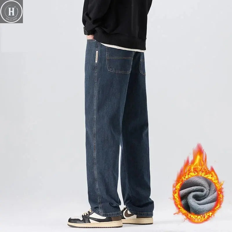 High Quality Winter Warm Fleece Thermal Men's Jeans Loose Straight Cotton Casual Wide-leg Business Trousers Man Plus Szie 40 42 HALALZEN
