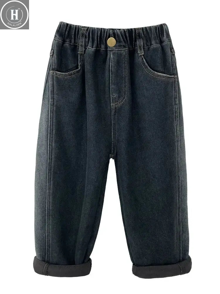 2-12Y Childrens Boys Denim Pants One-piece Fleece Thickened Autumn Winter Casual Kids Baby Boys Pants Toddler Boys Warm Jeans HALALZEN