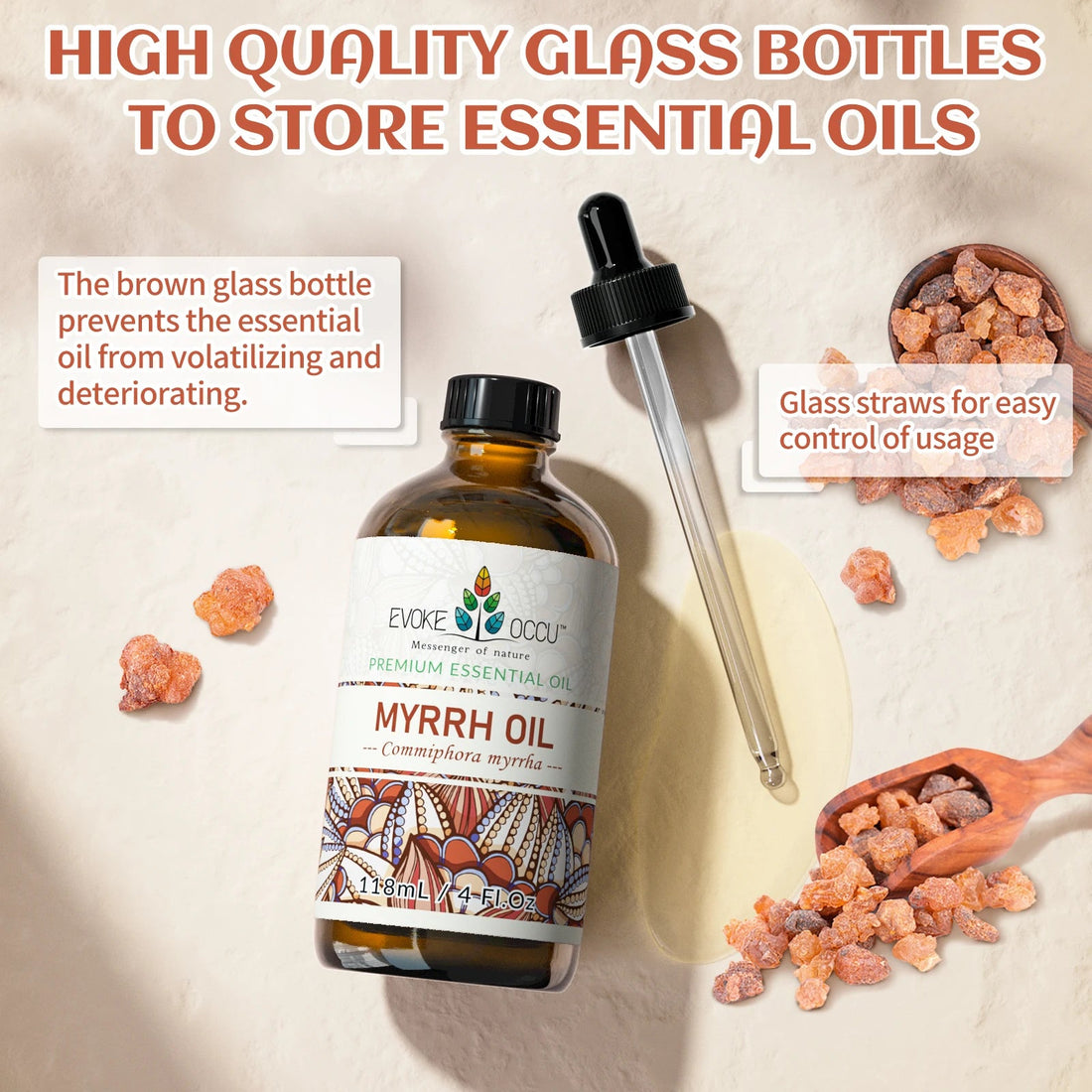 EVOKE OCCU Myrrh Essential Oils, 118ML/4 Fl.Oz. Pure Myrrh Oil for Body Relief Skin Care Humidifier Massage Candle Soap Making HALALZEN