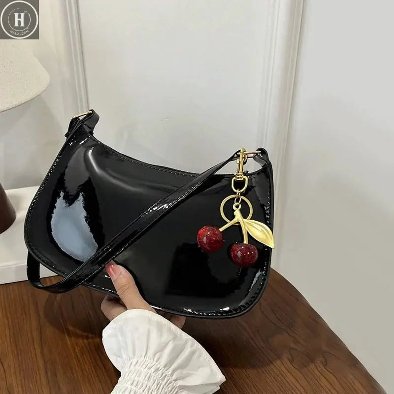 Solid Color PU Leather Women Shoulder Bags Fashion Ladies Cherry Pendant Handbags Purse Casual Design Female Hobos Underarm Bag HALALZEN