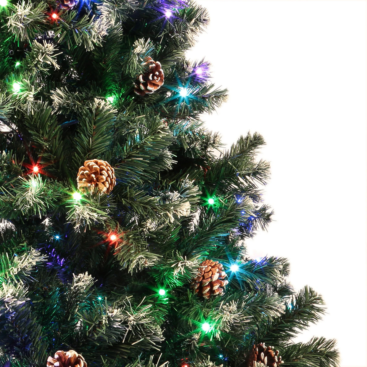 7.5 Ft Pre-Decorated Pencil Christmas Tree Holiday Tree w Clear Lights Pine cones 955 PVC Flocked Frosted Tips 400 LED Lights