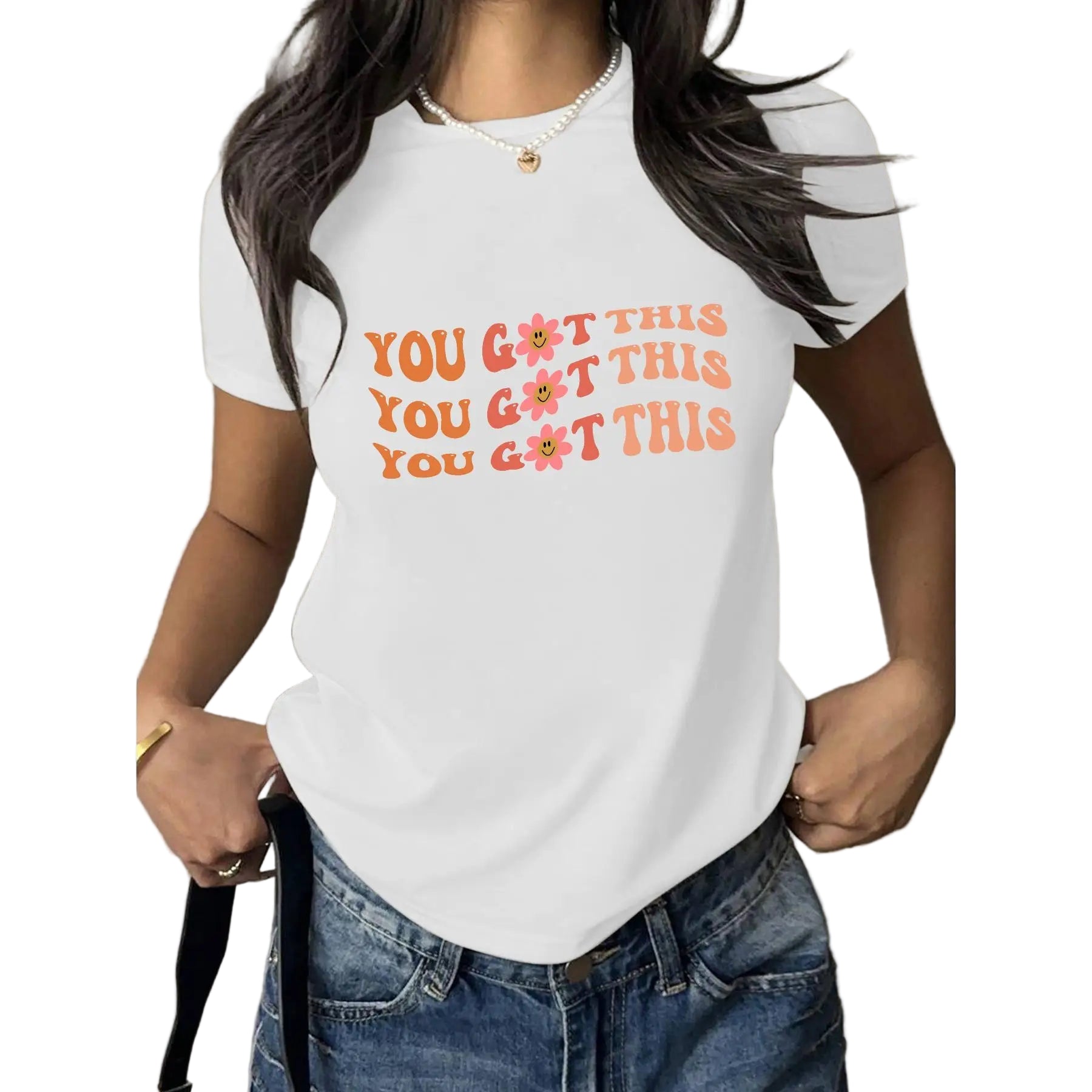 Women's Inspirational "You Got This" Flower Print T-shirt Short Sleeve Loose Casual Motivational Top Positive Boho Style