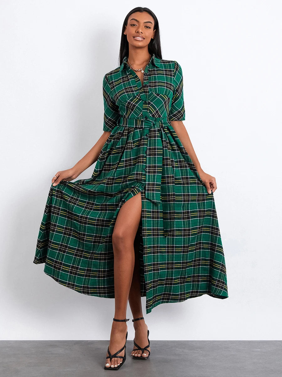 Women Christmas Shirts Dress Plaid Turn-Down Collar Half Sleeve Dress Fashion Button-Down Holiday Dress with Belt