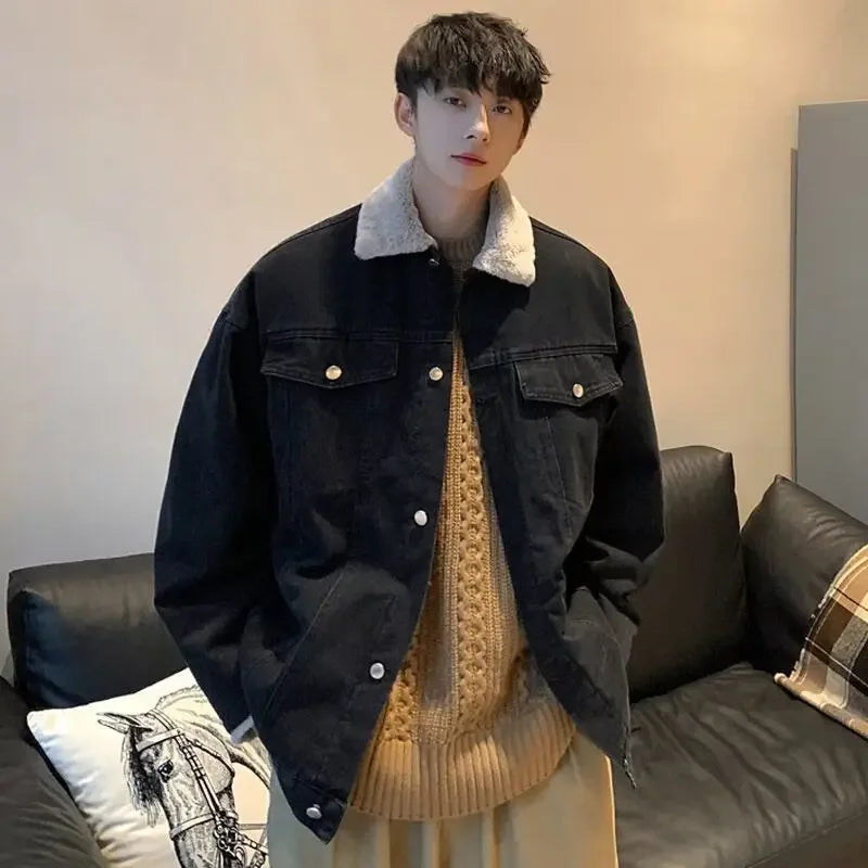 Winter 2025 Cowboy Coat for Men Vintage Warm Denim Jackets Man Padded Sherpa Loose Elatic Japanese Retro Outwear High Quality