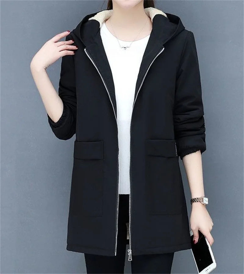 2024 New Winter Jacket Cotton Warm Puffer Coat Women Casual Parkas With Lining Plush hooded trench Outwear Women's Clothes