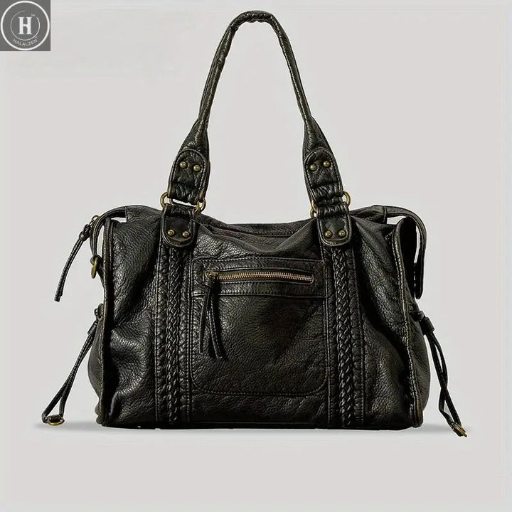 Women's Fashion Vintage Washed Soft Leather Tote Bag Large Capacity Commuter Multi-Pocket Shoulder Messenger Bag HALALZEN