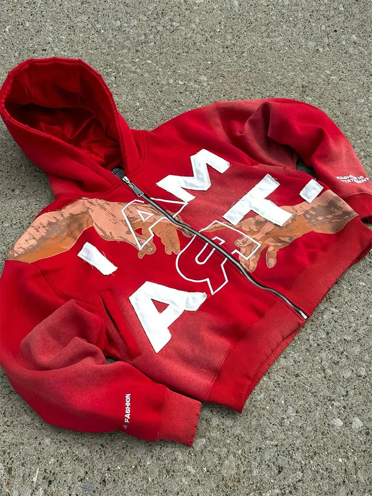 Trendy Baggy Hooded Cardigan Mens Y2K Pattern Print Loose Zip-up Hoodie Sweatshirt Men Spring Hip Hop Long Sleeve Hoodies Unisex