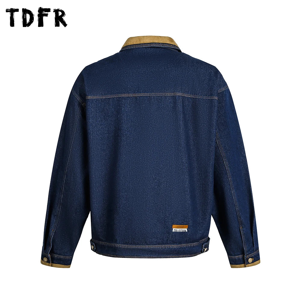 Multi-Pocket Spliced Lapel Denim Jacket Mens Topstitch Retro Casual Autumn Single Breasted Long Sleeve Outerwear Man