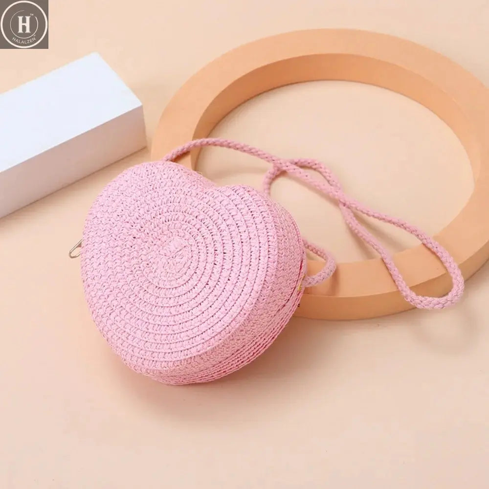 Children's Straw Shoulder Bags Beach Bag Coin Purse Kids Heart Shape Woven Crossbody Bag HALALZEN