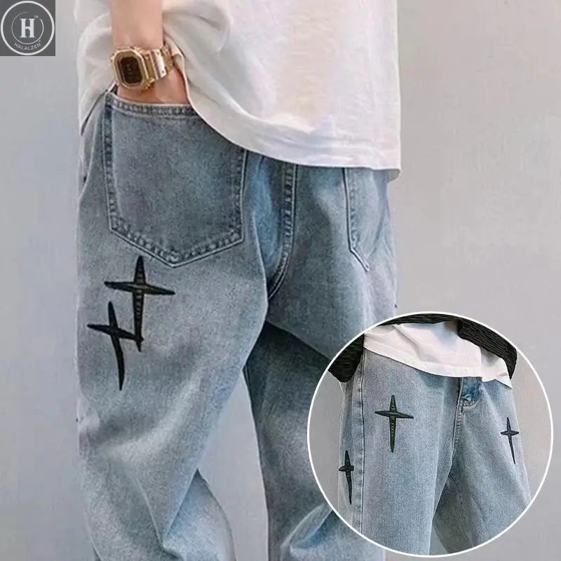 Men's Trendy Cool Style 2024 Blue Denim Pants Baggy Wide Leg Streetwear Trousers Cross Star Sticker Embroidery Design Jeans Male Halalzen UK