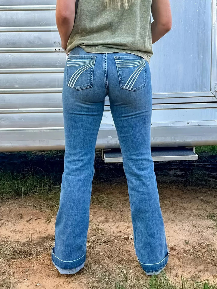 2025 New Women's High Waist Elastic Embroidered Horn Jeans, High Quality Versatile Fashion Casual Jeans, Machine Washable, Suita