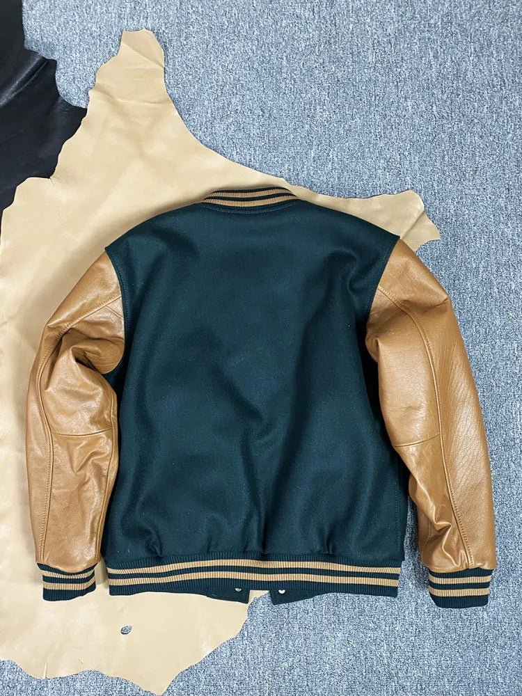 Mens Retro Autumn Winter Natural Sheepskin Patchwork Baseball Jacket Stand Collar Single Breasted Loose Fit Casual Outerwear