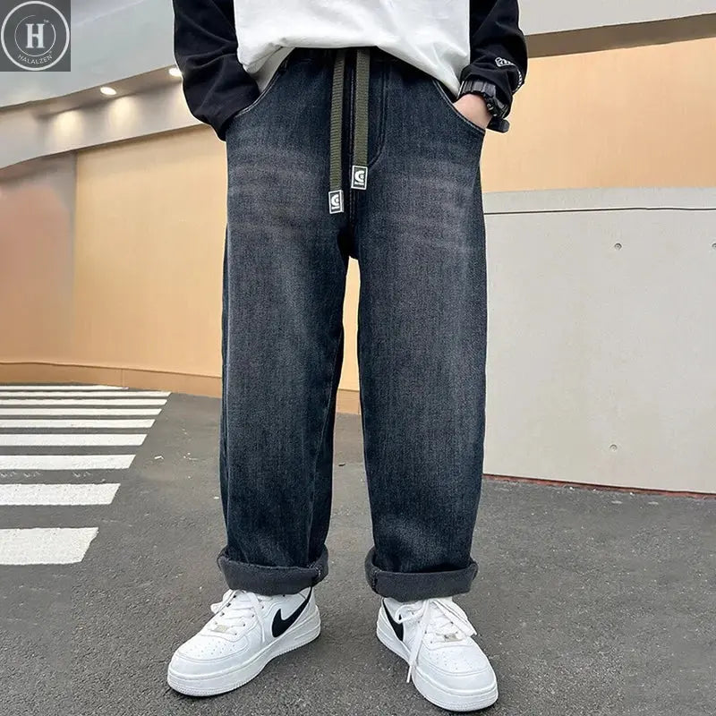 Kids Autumn Winter Fleece-lined Warm Denim Pants 5-14 Years Boys Fashion Letters Straight Loose Jeans Casual Sports Trousers HALALZEN