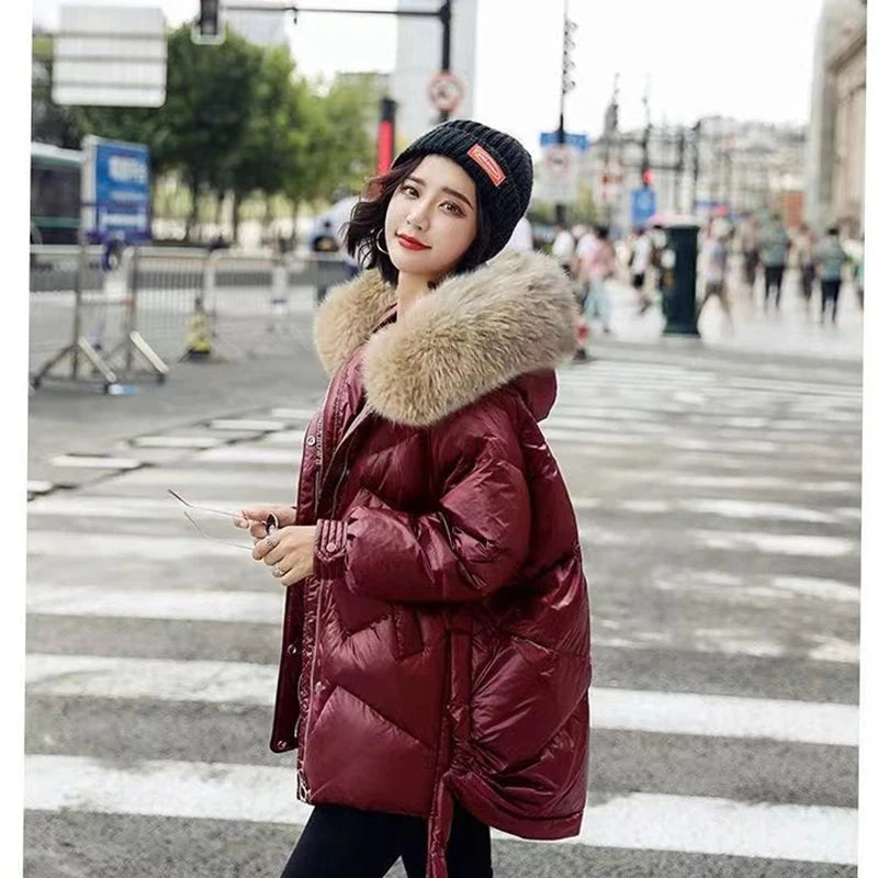 2023 Winter Down Cotton Jacket Women Casual Loose Thicken Warm Parkas Fur Collar Hooded Overcoat Wine Red Waterproof Coat Female