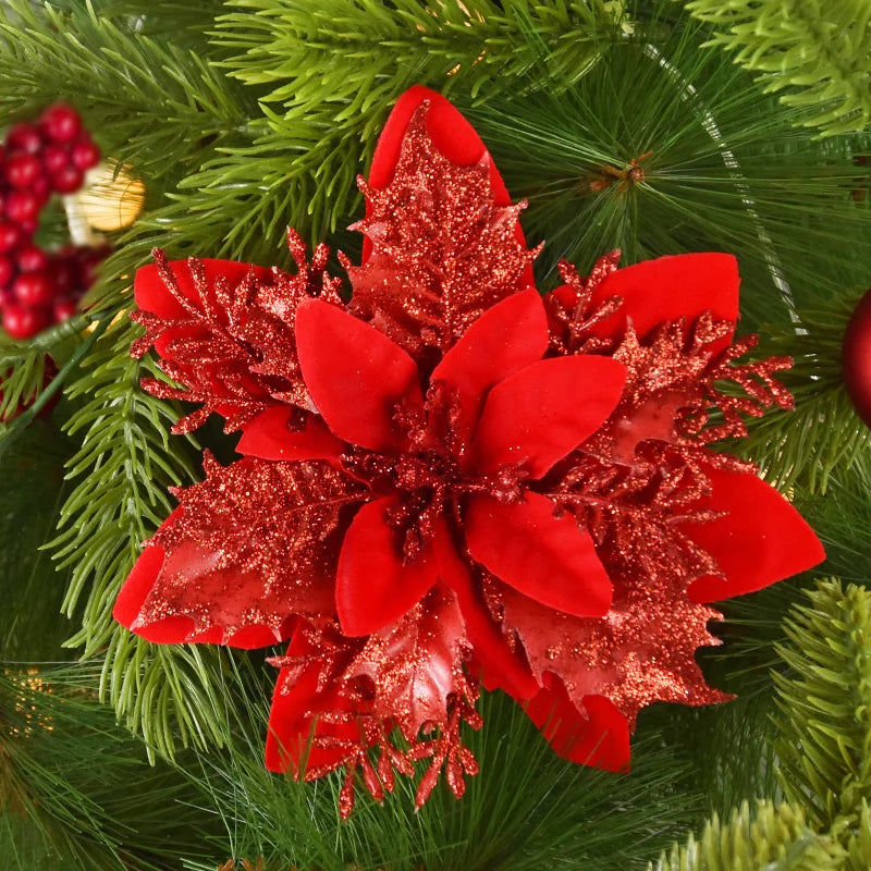 5/10Pcs 14cm Glitter Artificial Christmas Flowers Xmas Tree Ornaments Merry Christmas Decorations for Home New Year Gift Navidad