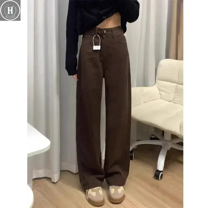 Plus Size Brown Wide Leg Jeans Women's Slim Straight Denim Pants High Waist Straight Cut Trousers for Pear Shaped Body Halalzen UK