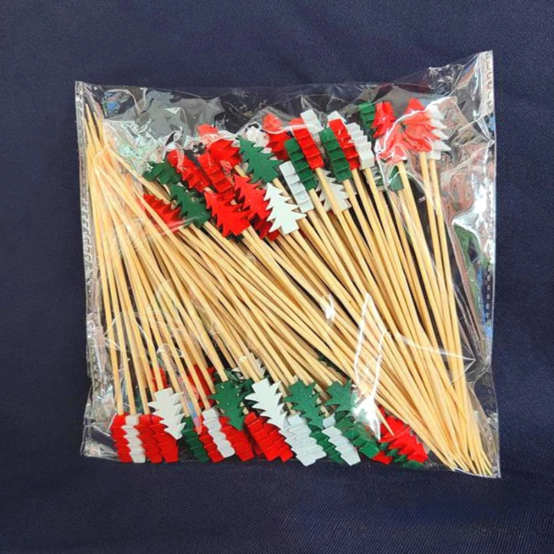 50Pcs/set Christmas Fruit Sticks Disposable Bamboo Sticks Snowflake Christmas Tree Elk Santa Claus Snowman Sticks Xmas Ornaments