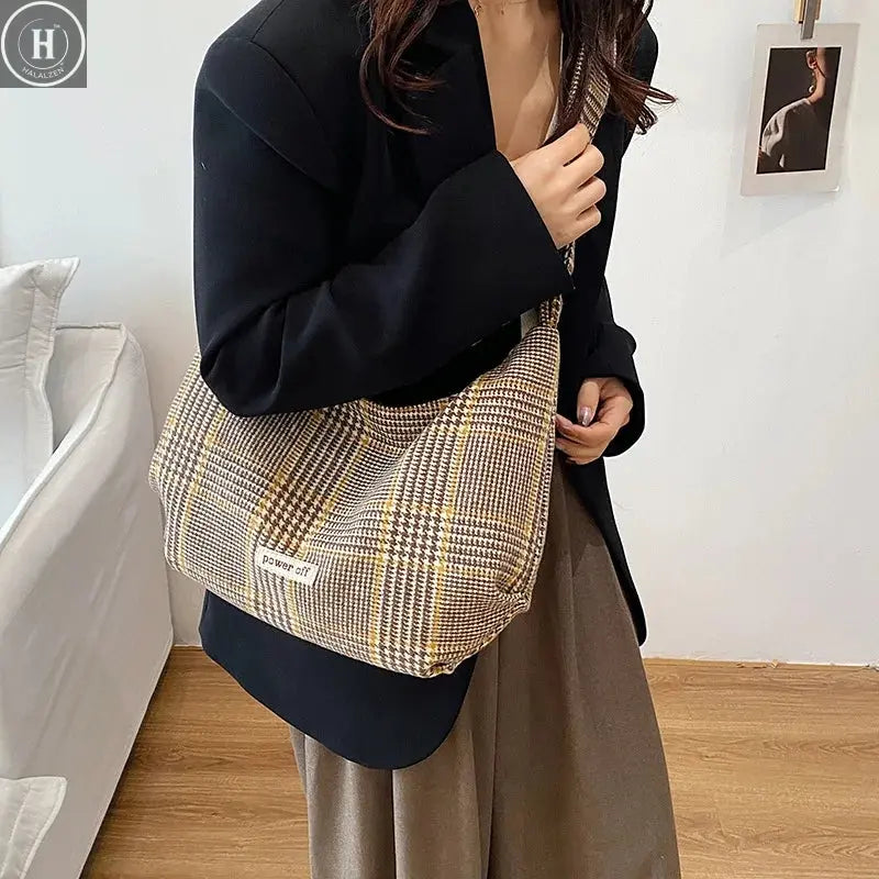 Fashion Versatile Plaid Shoulder Bag Retro Crossbody Wool Commuter Fashion Large Capacity Backpack HALALZEN