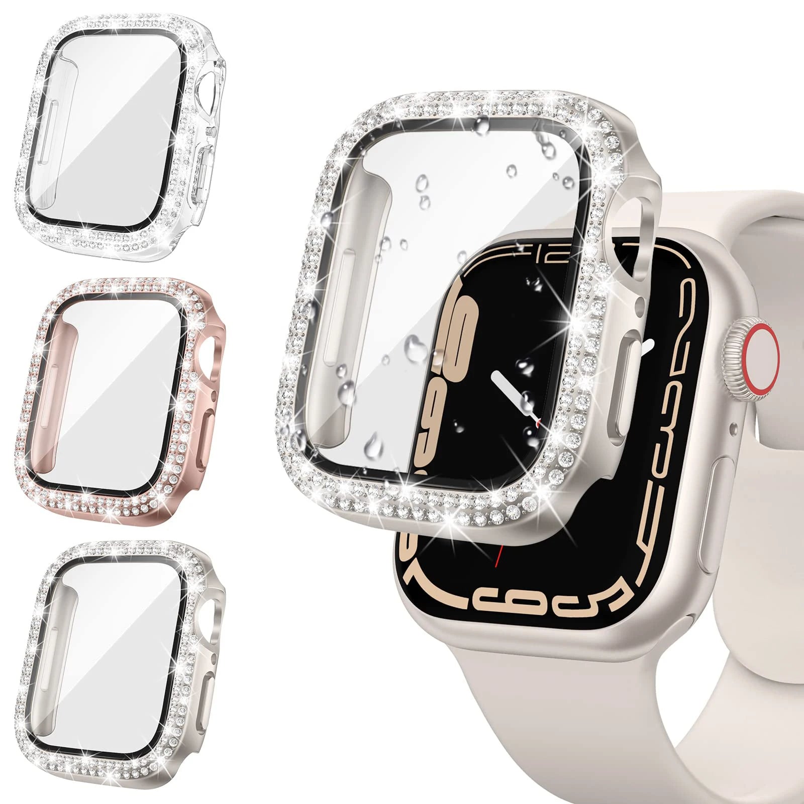 Glass+Diamond Cover For Apple watch case 46mm 40mm 44mm 41mm 42mm 45mm Bling Bumper Protector iWatch Series 11 10 9 SE 7 8 case