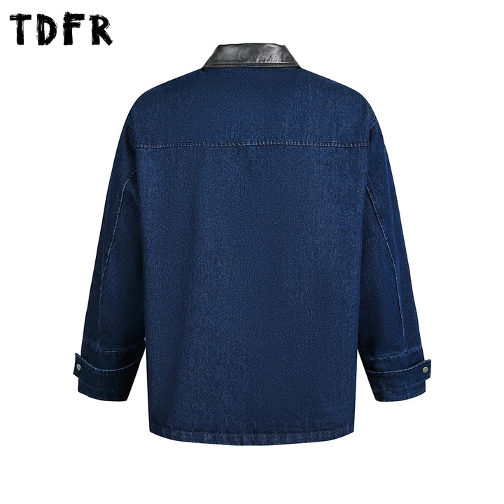 Multi-Pocket Denim Jacket Mens Retro Casual Autumn Single Breasted Spliced Lapel Long Sleeve Outerwear Man
