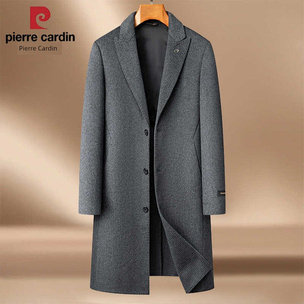 Pierre Cardin Hand-Stitched Wool Reversible Woolen Coat Closure Collar Casual Stripes Long Trench Coat Men