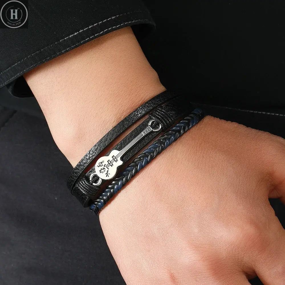 Hip-hop rock jewelry bracelets bangles fashion guitar PU leather bracelet for men HALALZEN