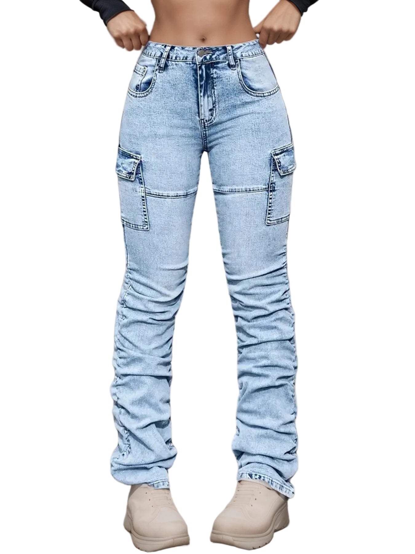 New Women's High Waisted Elastic Multi Pocket Workwear Jeans, Street Fashion Casual Slim Fit Stacking Pants