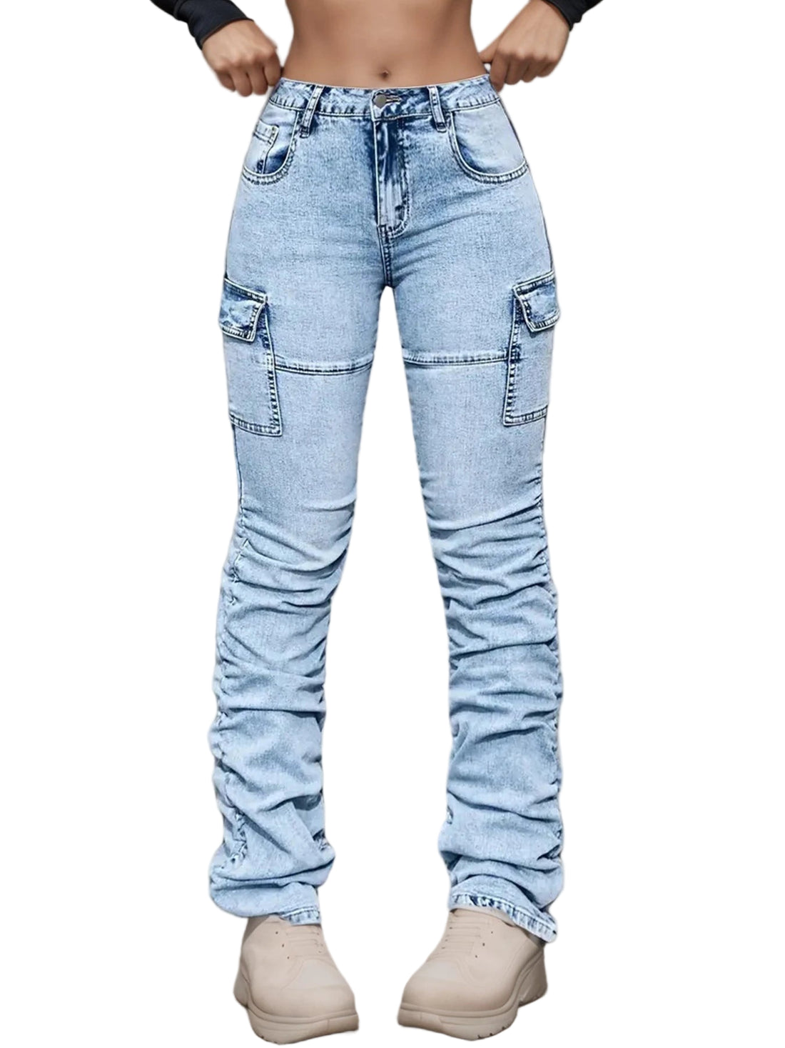 New Women's High Waisted Elastic Multi Pocket Workwear Jeans, Street Fashion Casual Slim Fit Stacking Pants