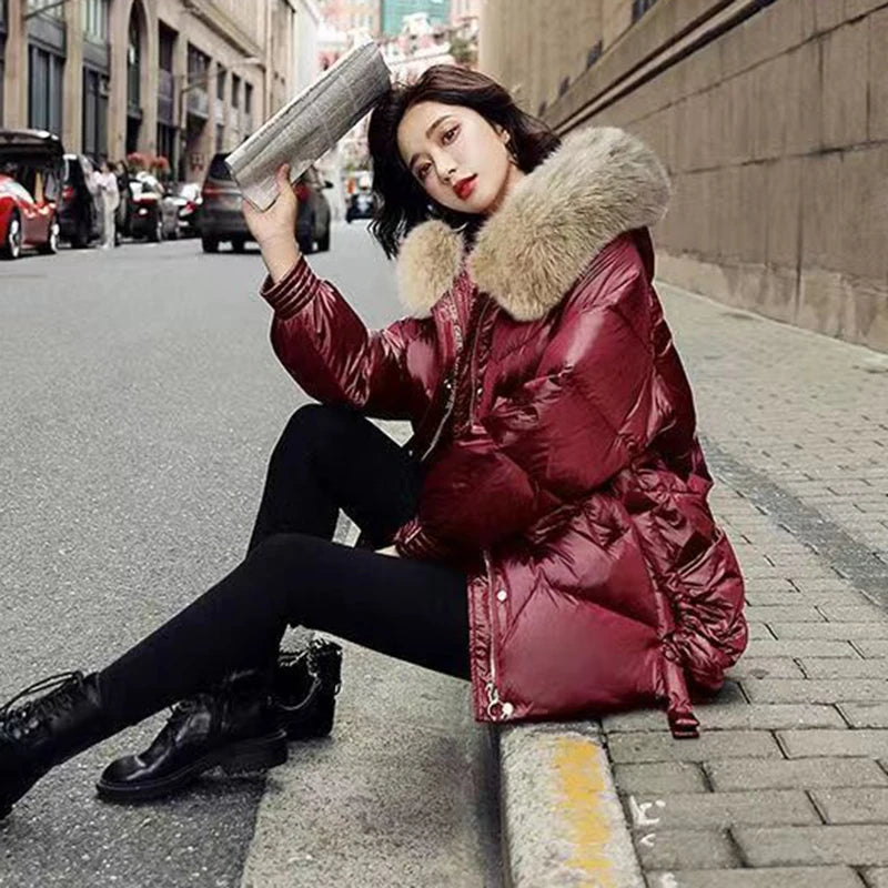 2023 Winter Down Cotton Jacket Women Casual Loose Thicken Warm Parkas Fur Collar Hooded Overcoat Wine Red Waterproof Coat Female