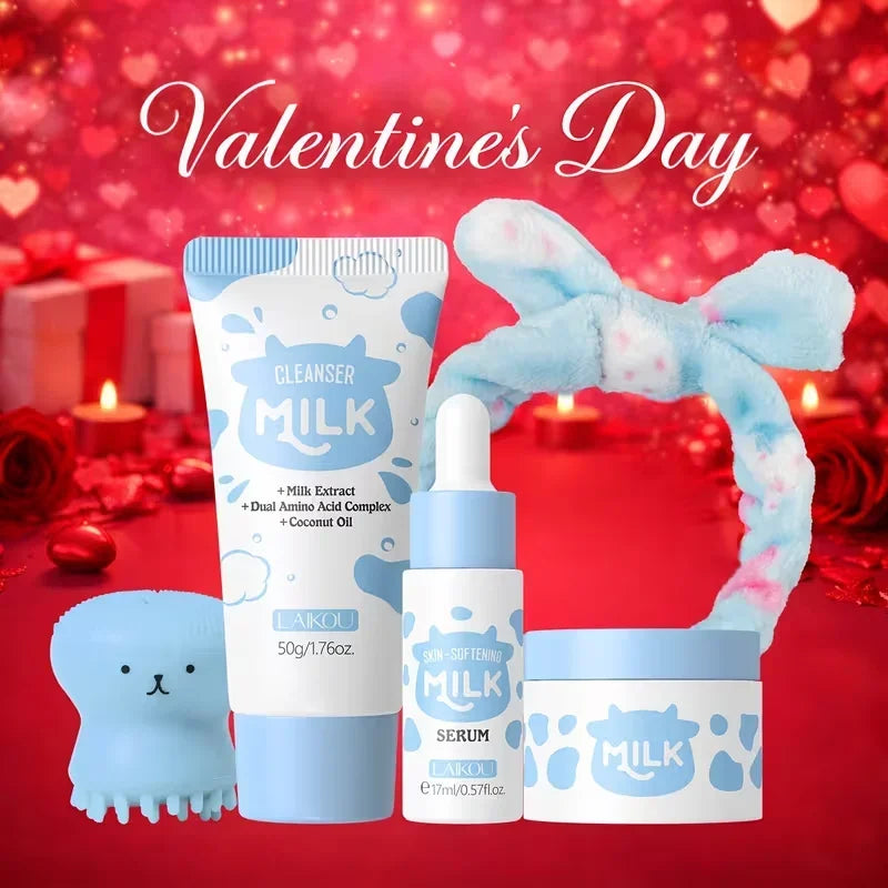 LAIKOU Milk Skincare Set Softening Serum Moisturizing Cream Gentle Cleanser Brightening Hydration Travel Kit For Valentine‘s Day