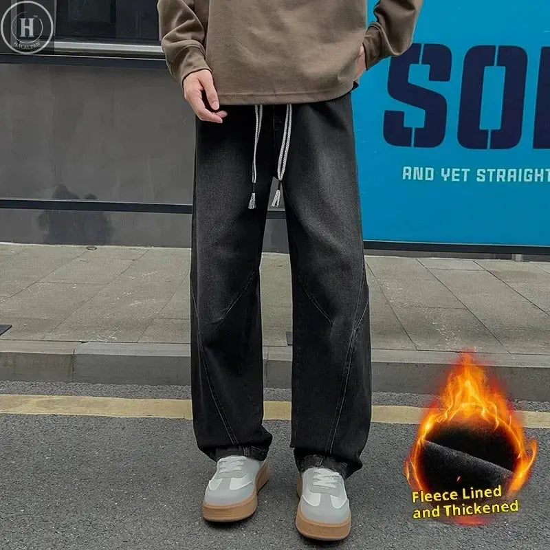New Men's Fleece-Lined Wide-Leg Jeans Winter Vintage Washed Elastic Drawstring Waist Denim Trousers Men 8XL Loose Fit Jean Pants HALALZEN