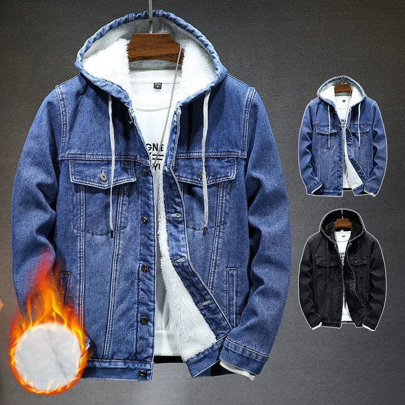 Hooded Denim Jacket Men's Retro Jacket Autumn and Winter Coat Hooded Plus Velvet Windbreaker Thickened and Warm for Men