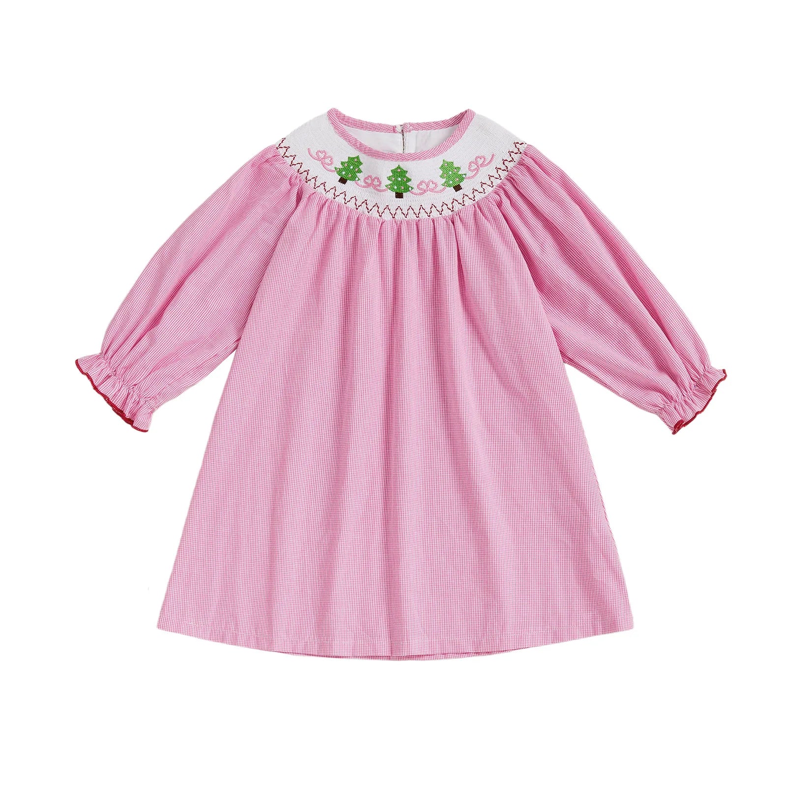Christmas Toddler Girl Dress with Festive Tree Embroidery Mock Neck Long Sleeves and Plaid Print - Holiday A Line Dress