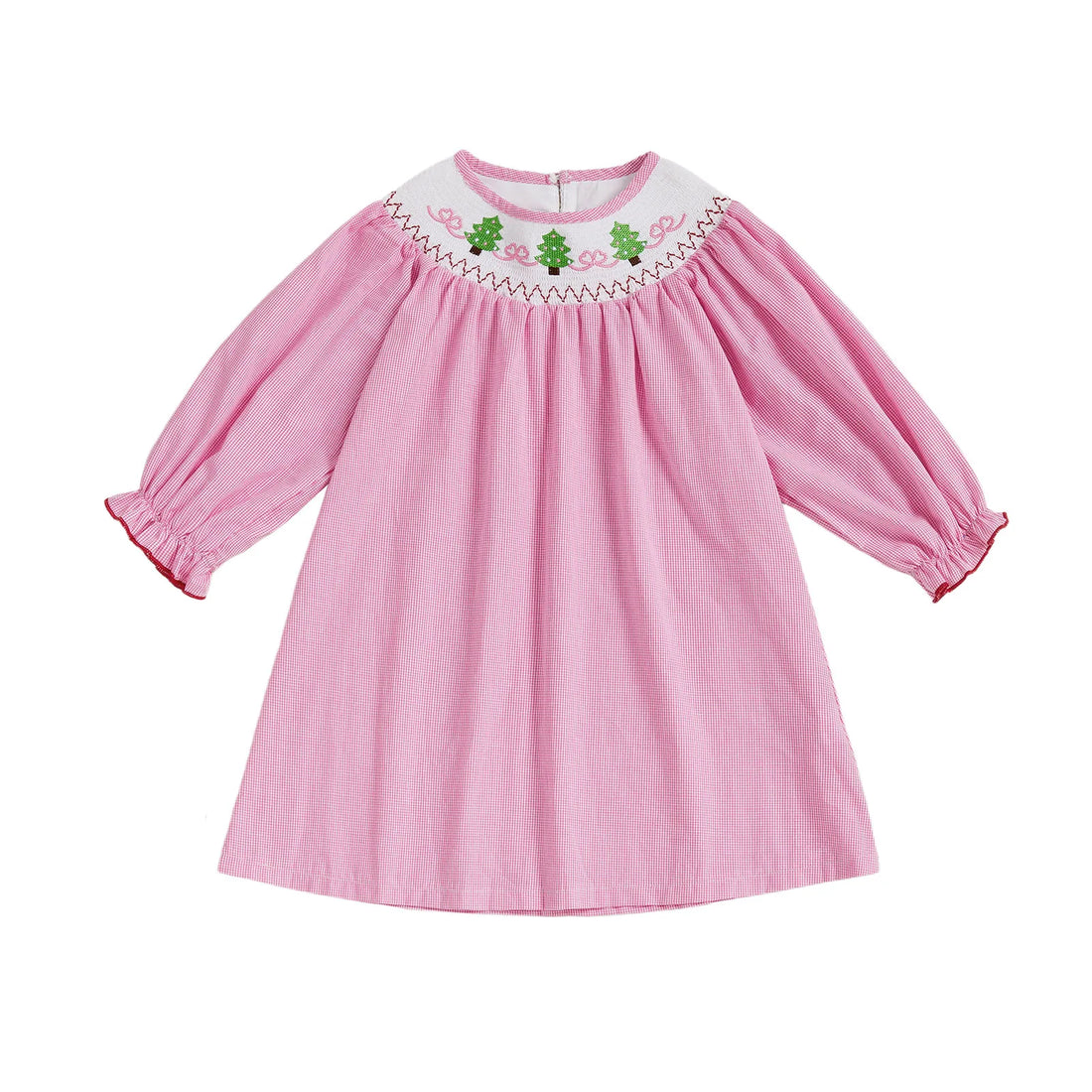 Christmas Toddler Girl Dress with Festive Tree Embroidery Mock Neck Long Sleeves and Plaid Print - Holiday A Line Dress