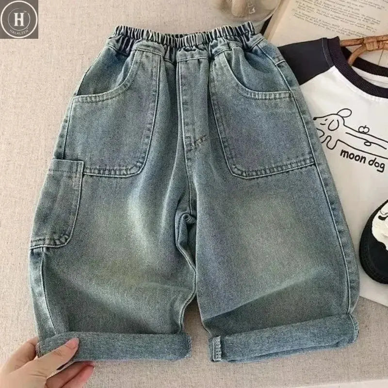 Children's Retro Jeans Loose Straight Pants Wide Leg Pants for Boys and Girls 2025 New Spring Autumn Kid's Denim Pocket Trousers HALALZEN