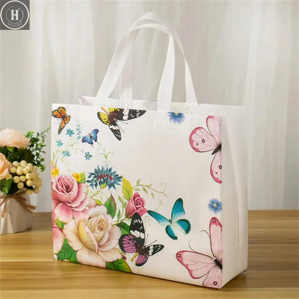 Butterfly Printing Non-woven Fabric Shopping Bag Foldable Reusable Tote Pouch Waterproof Storage Bag Women Travel Grocery Bags HALALZEN