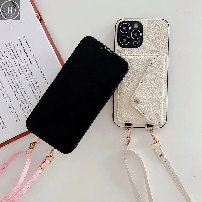 Crossbody Strap Lanyard Leather Phone Case for IPhone 12 Mini 16E 16 15 14 13 11 Pro Max XS 8 Plus Wallet with Card Holder Cover Halalzen UK