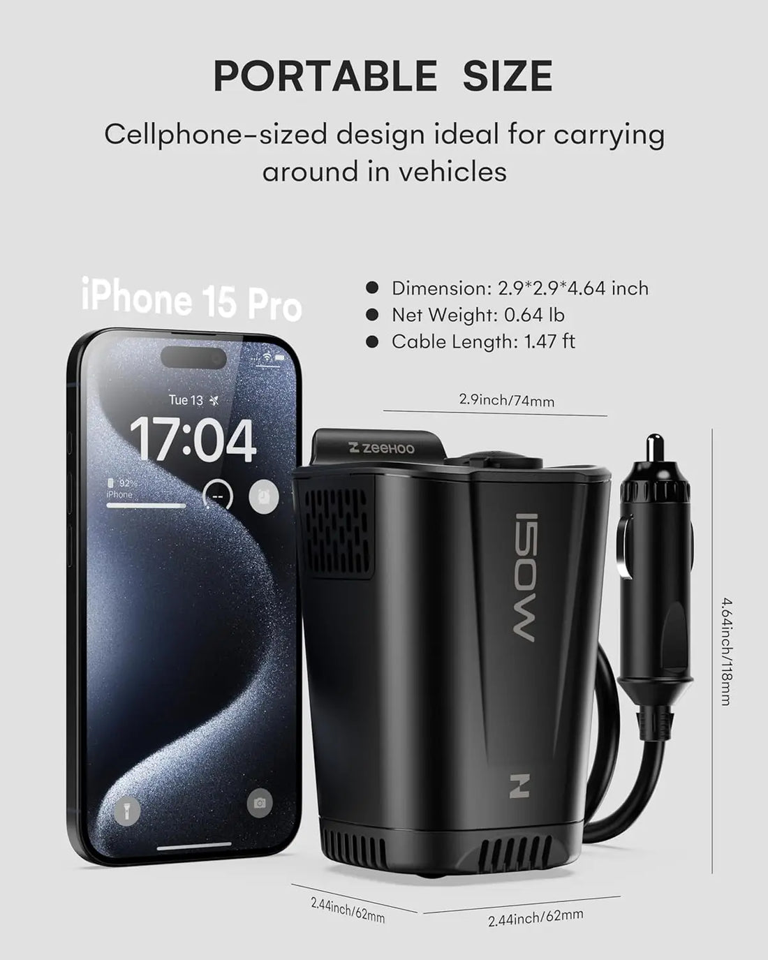 150W Car Power Inverter 12V DC to 110V AC With 2 AC Outlets, 1 18W USB-A Port and Dual 30W PD Fast Car Charger