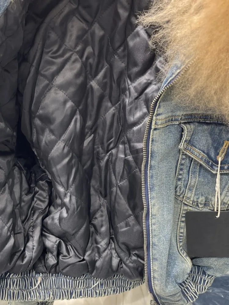 Women Vintage Denim Jacket Faux Fur Collar Autumn Winter Padded Liner Short Coat High Street Female Loose Fit Casual Outerwear