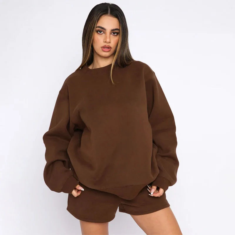 2025 Spring and Autumn Solid Color Pullover Long Sleeve Sweater Women's Fashion Casual Shorts Set
