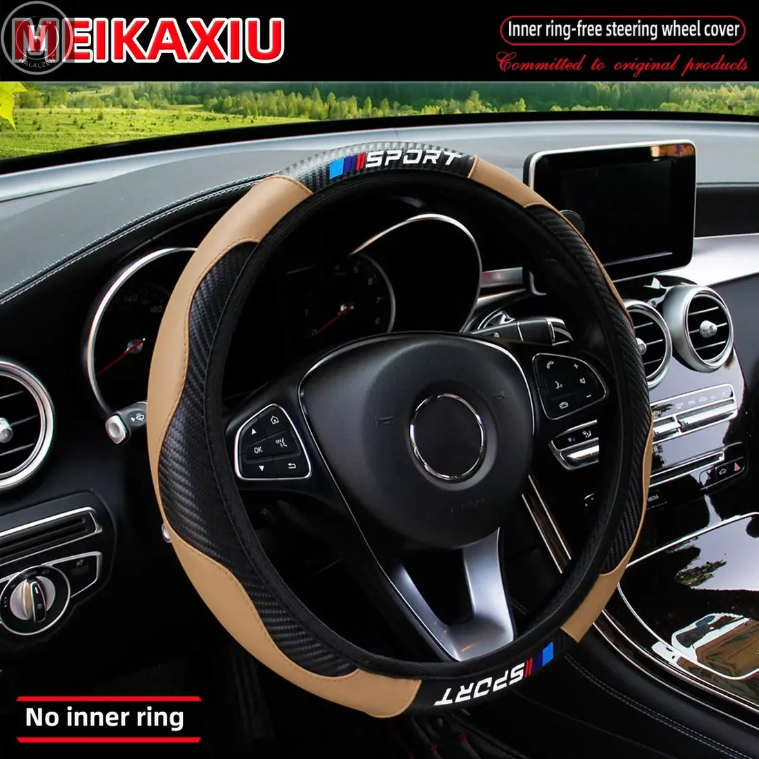 Carbon fiber leather SPORT car rimless steering wheel cover is suitable for 14.5 - 15-inch steering wheels as decoration items. HALALZEN