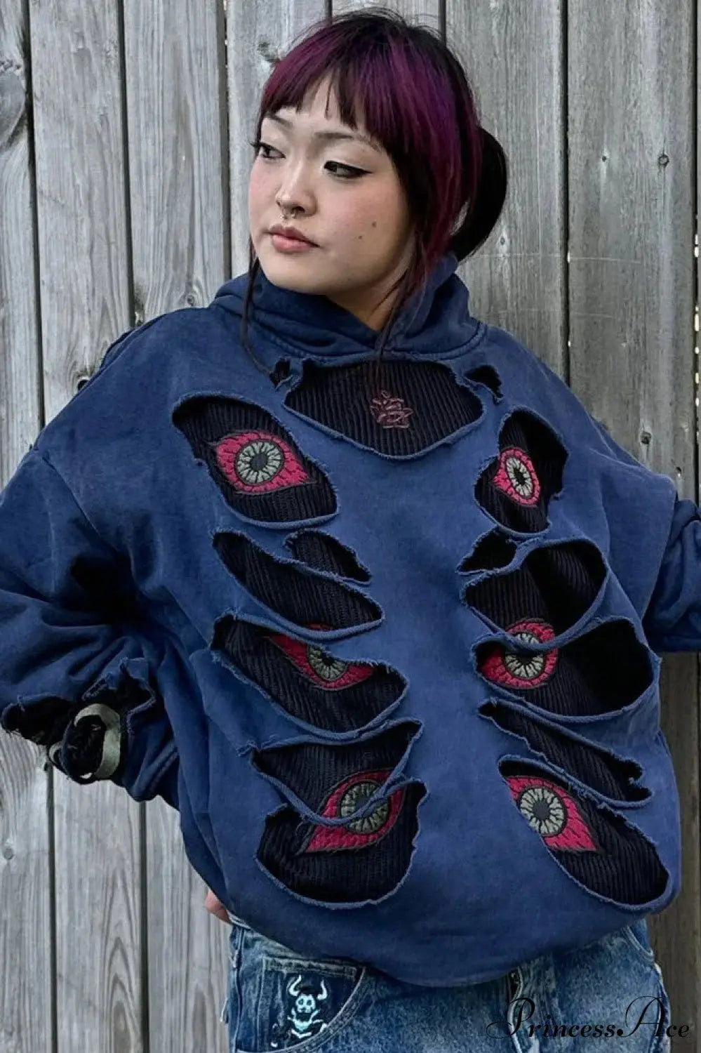 Devil Eye Ripped Embroidered Retro Hoodies Oversized Punk Gothic Casual Hoodie Sweatshirt Harajuku Streetwear Y2k Women Clothing