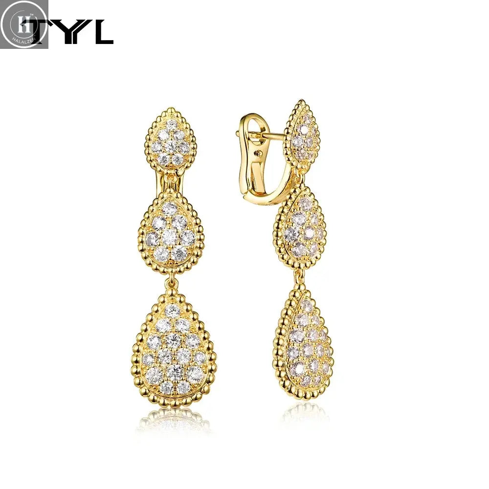 TYYL High Quality Classic 3 Water Drop Luxury Ear clip Drop Earrings Stud Party Wedding Long Earring Zircon Jewelry For Women HALALZEN